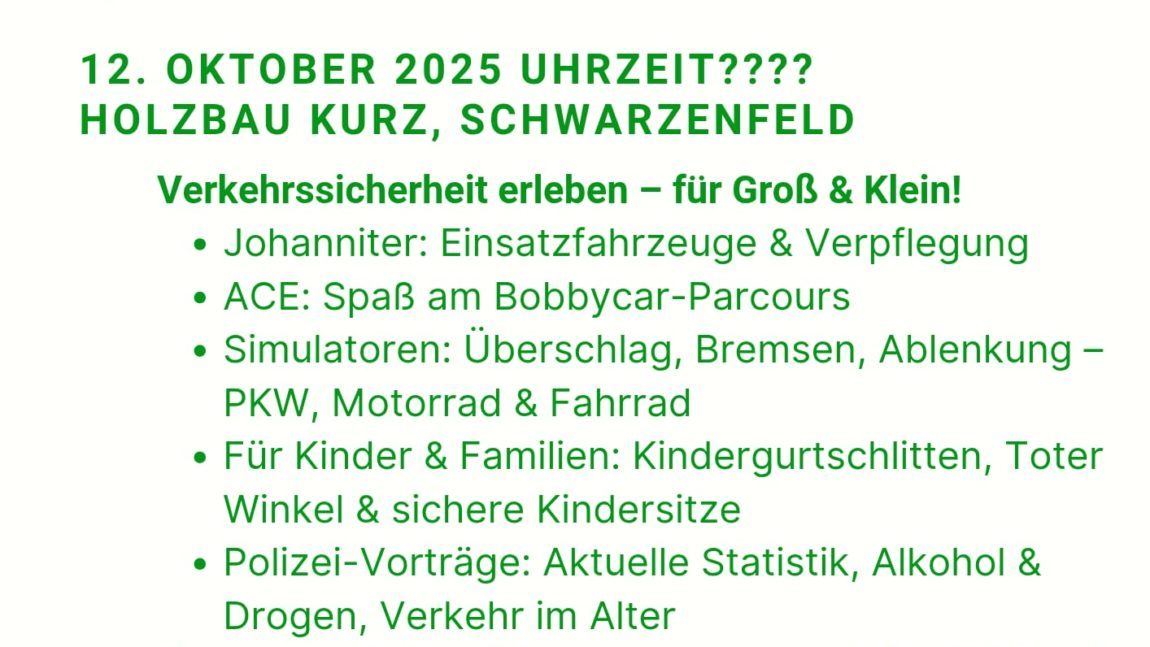 Die Gebietsverkehrswacht Schwarzenfeld lädt am 12. Oktober 2025 ab 10 Uhr zu einem Ereignistag Verkehrssicherheit ein
