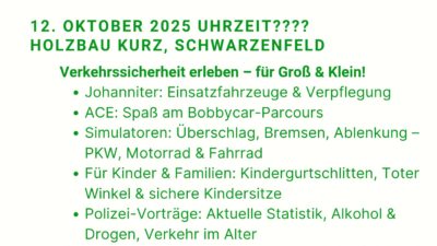 Die Gebietsverkehrswacht Schwarzenfeld lädt am 12. Oktober 2025 ab 10 Uhr zu einem Ereignistag Verkehrssicherheit ein